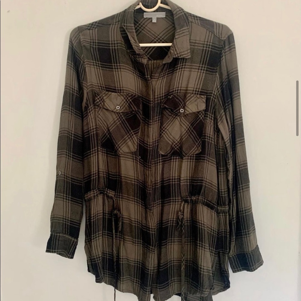 Olive and black plaid tunic with drawstrings